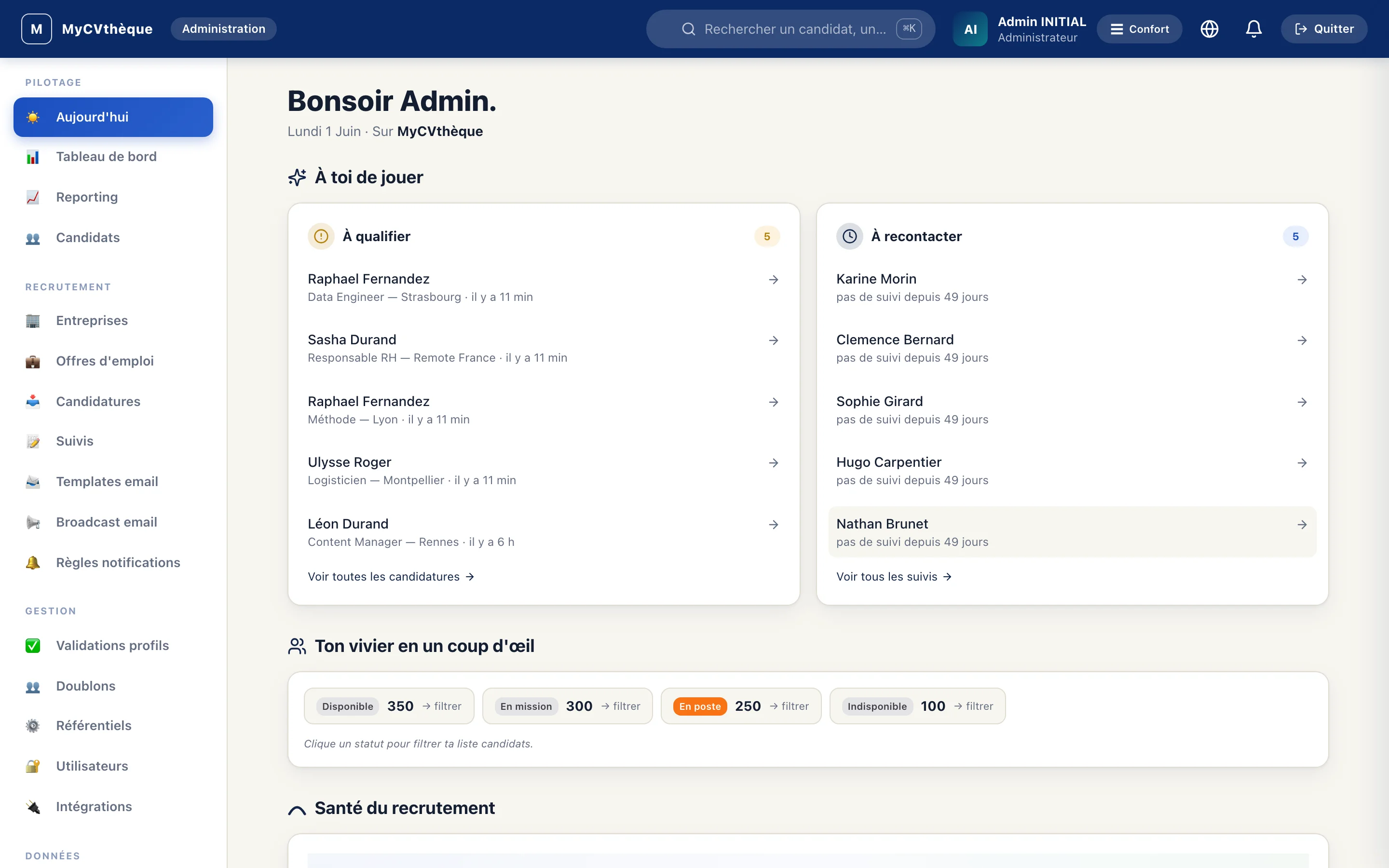 Tableau de bord Aujourd'hui MyCVthèque — vivier formateurs et stagiaires en un coup d'œil