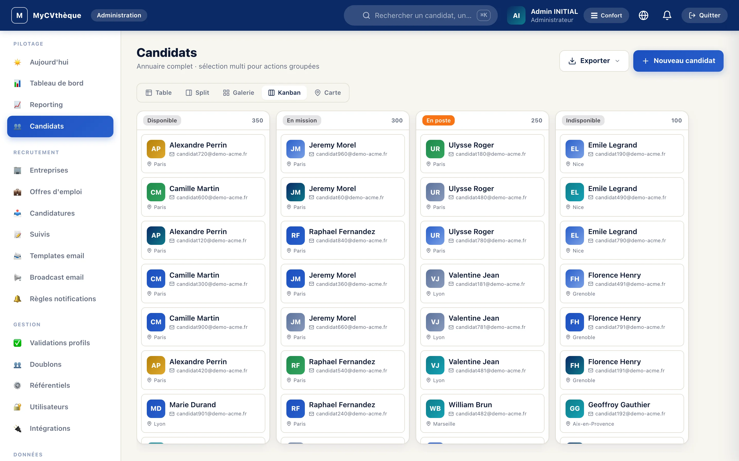 Vue Kanban candidats par statut MYCV avec drag-drop