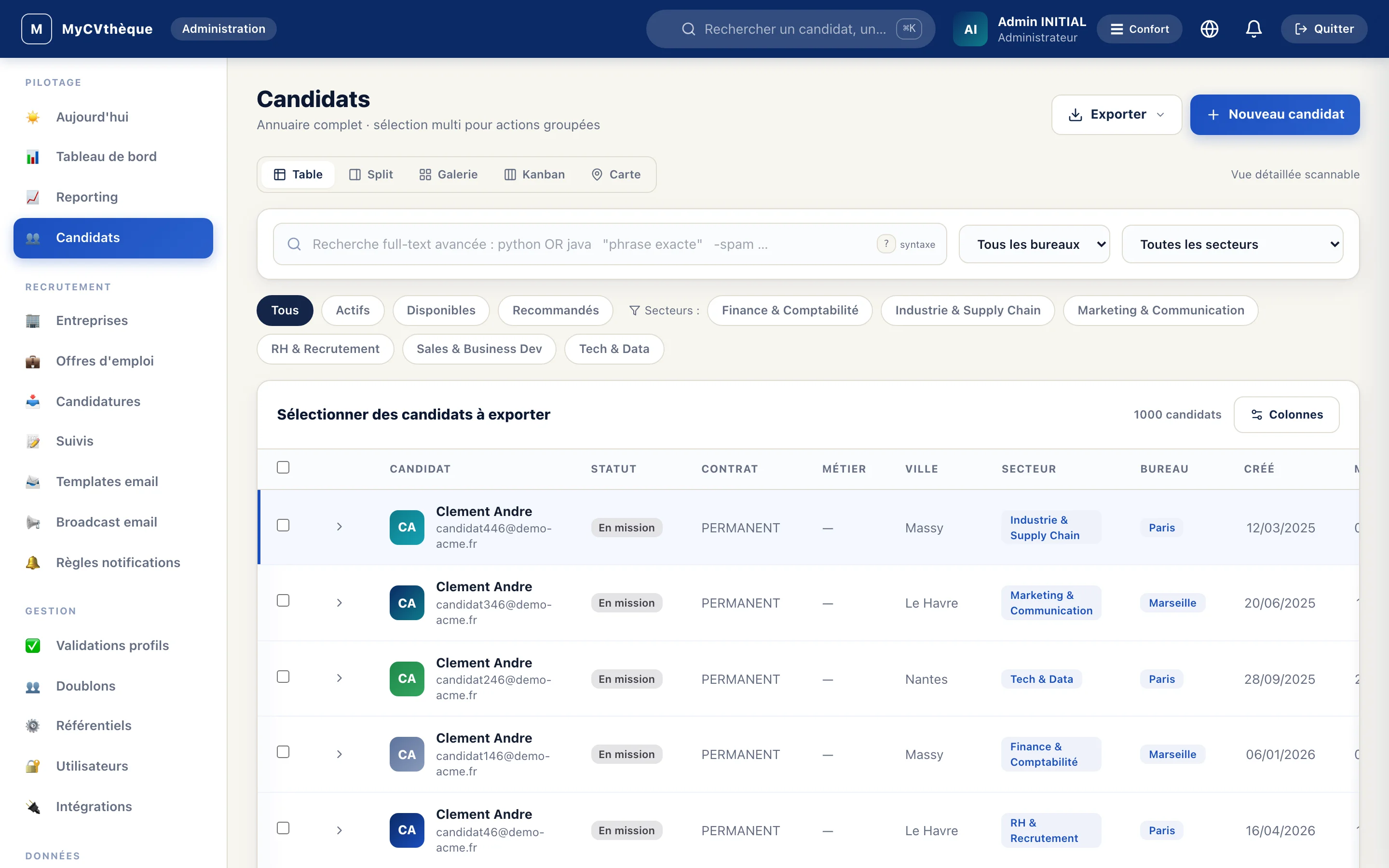 Vue tableau candidats avec 5 vues alternatives