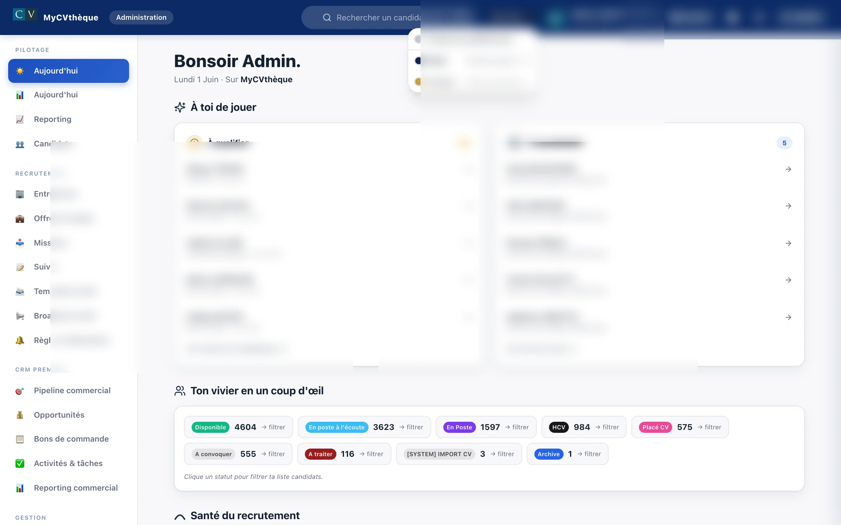 Sélecteur multi-plateforme MyCVthèque — bascule 1 clic entre établissements